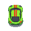 top-down view of a car sprite, oriented so that the back of the car faces the player. the car is green with two red stripes running along the roof. clean pixel-art style, simple shading, suitable for a retro racing game.