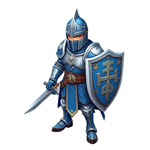 a detailed isometric fantasy knight character inspired by hall of torment style. the knight wears blue and silver armor with intricate medieval designs, including a helmet with a visor, a broad chest plate, and sturdy gauntlets. the character wields a lar