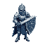 a detailed isometric fantasy knight character inspired by hall of torment style. the knight wears blue and silver armor with intricate medieval designs, including a helmet with a visor, a broad chest plate, and sturdy gauntlets. the character wields a lar