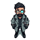  sprite of a cyberpunk neuroscientist trapped in a lab. dark hair short beard  worn-out lab jacket, glowing stitches, tech holsters, cybernetic eye, hacking bracer, vapor effect.