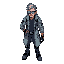  sprite of a cyberpunk neuroscientist trapped in a lab. walks in 4 directions + idle. worn-out lab jacket, glowing stitches, tech holsters, cybernetic eye, hacking bracer, vapor effect.