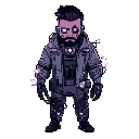  sprite of a cyberpunk neuroscientist trapped in a lab. dark hair short beard  worn-out lab jacket, glowing stitches, tech holsters, cybernetic eye, hacking bracer, vapor effect.
