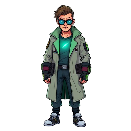  a cyberpunk neuroscientist trapped in a lab.. worn-out lab jacket, glowing scar, tech holsters, hacking bracer