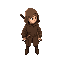 simple swordsman, brown clothes with hood, details like belt, looking right
