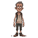 character of a very skinny depressed middle-aged man, his clothing is loose, the art style is gritty and minimal .
