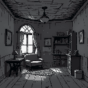 a dull old house interior. black & white muted colours. 