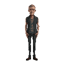 character of a very skinny depressed middle-aged father, the art style is gritty and minimal .