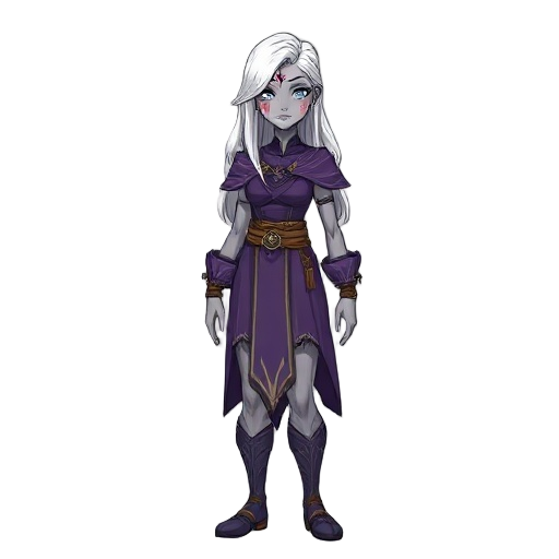 a tall woman, white hair, grey skin, tribal marks in the face, wearing a purple sorcerer uniform