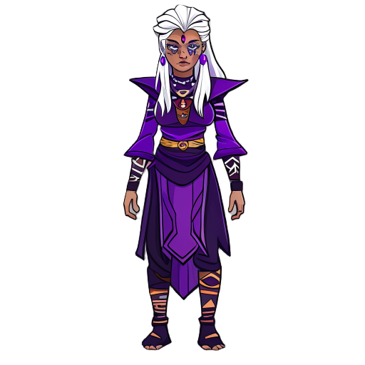 a tall woman, white hair, grey skin, tribal marks in the face, wearing a purple sorcerer uniform
