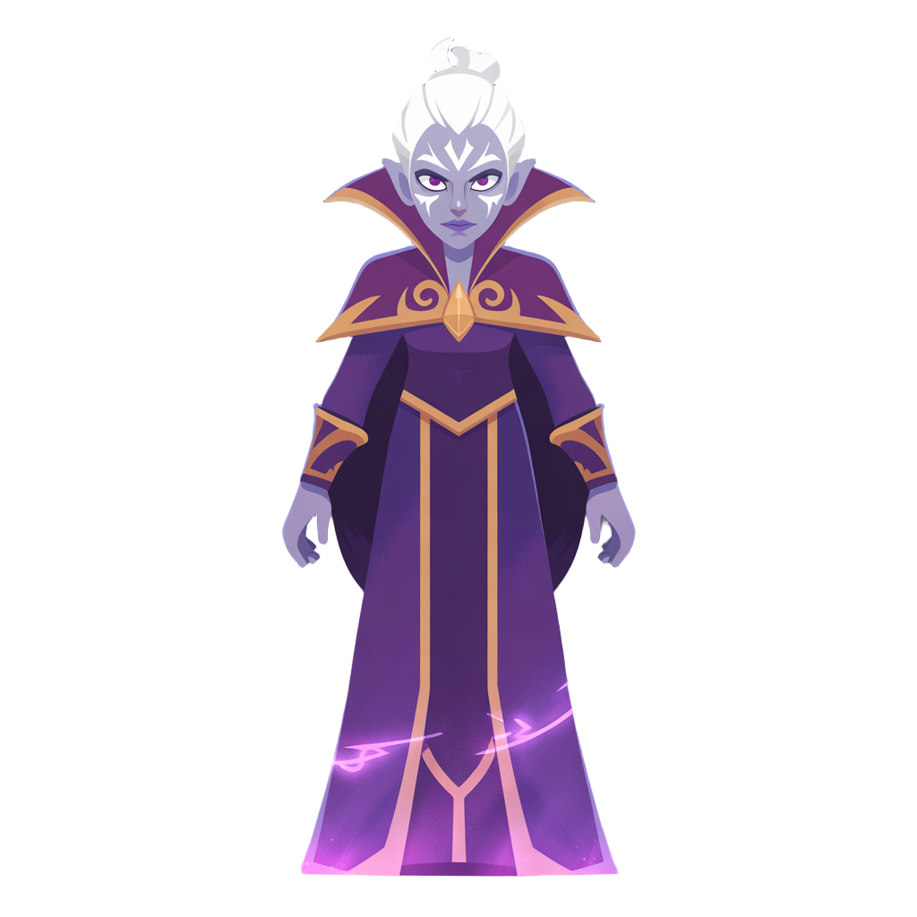 a tall woman, white hair, grey skin, tribal marks in the face, wearing a purple sorcerer uniform