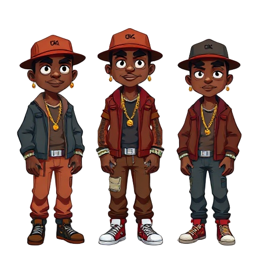 pimp with gold earrings and chain, suede clothes and hats, brown skin, lots of style, y2k