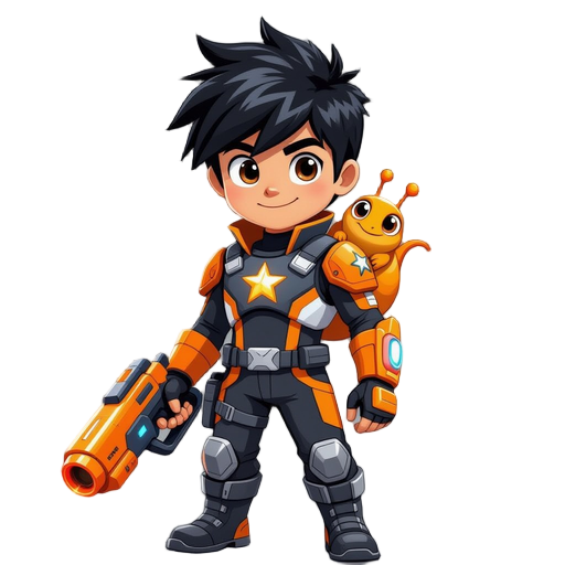 young animated hero (slugterra). black hair, black/orange/white battle suit with a star. holding a futuristic orange blaster and wearing a red tech wrist guard. grey pants, black boots. an orange slug is perched on his shoulder. style: comic, vibrant, act