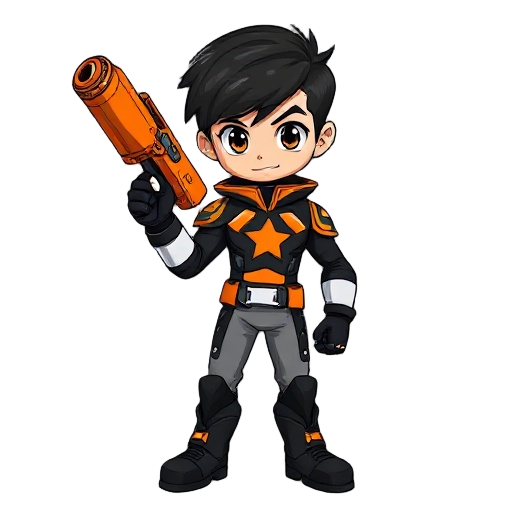 young animated hero (slugterra). black hair, black/orange/white battle suit with a star. holding a futuristic orange blaster and wearing a red tech wrist guard. grey pants, black boots. style: comic, vibrant, action.