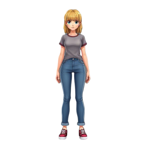 blond female dressed in jeans and tshirt facing front