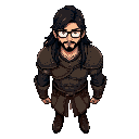 a man with long black hair and glasses, wearing a leather armor