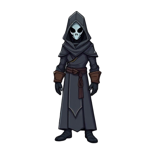  draw a bionic mage wearing a robe and hood (phantom looking), arms not visible directly, are inside sleeves. legs not visible directly, under a long robe,