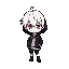 personagem chibi cabelo de anime branco, um olho vermelho um azul, roupas pretas casaco jaqueta comprida longa que vai quase até o pe como se fosse uma capa