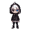 personagem chibi cabelo de anime branco, um olho vermelho um azul, roupas pretas casaco jaqueta comprida longa que vai quase até o pe como se fosse uma capa