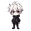 personagem chibi cabelo de anime branco, um olho vermelho um azul, roupas pretas casaco jaqueta comprida longa que vai quase até o pe como se fosse uma capa