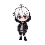 personagem chibi cabelo de anime branco, um olho vermelho um azul, roupas pretas casaco jaqueta comprida longa que vai quase até o pe como se fosse uma capa