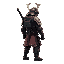 a cyberpunk samurai in armor with a sword sheathed on his back and a helmet on, facing right