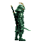 a cyberpunk samurai in green armor with a sword sheathed on his back and a helmet on, facing right