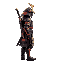 a cyberpunk samurai in red, black, and gold armor with a sword sheathed on his back and a helmet on, facing right