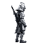 a cyberpunk samurai in silver armor with a sword sheathed on his back and a helmet on, facing right