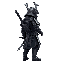 a cyberpunk samurai in armor with a sword sheathed on his back and a helmet on, facing right