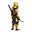 a cyberpunk samurai in golden armor with a sword sheathed on his back and a helmet on, facing right