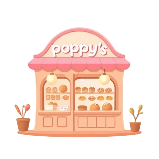 soft, pastel style with warm pinks and browns. rounded shapes, gentle lighting. “poppy’s” above a cozy, perfect bakery that feels sweet, safe, and full of quiet joy.
