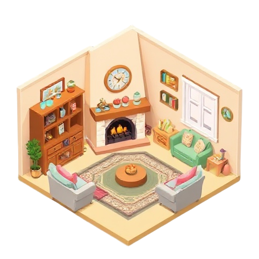 prompt: homely interior, cosy house interior, grandma's house interior, pastel interior, colorful interior, perfect, fireplace, large, interior
