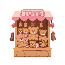 toy stuffed bear shop stall, pastel, colorful, sign saying toys, bears look creepy, only brown bear toys, small bears, bears hung up