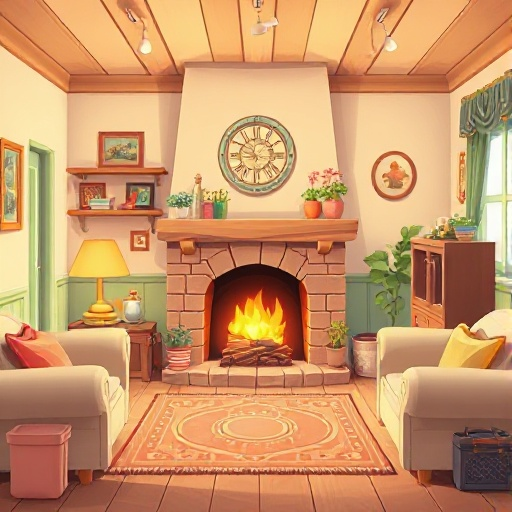 homely interior, cosy house interior, grandma's house interior, pastel interior, colorful interior, perfect, fireplace, large, interior