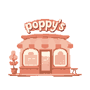 soft, pastel style with warm pinks and browns. rounded shapes, gentle lighting. clear outlines. large sign “poppy’s” above a cozy, perfect bakery that feels sweet, full of joy. flat, no ground