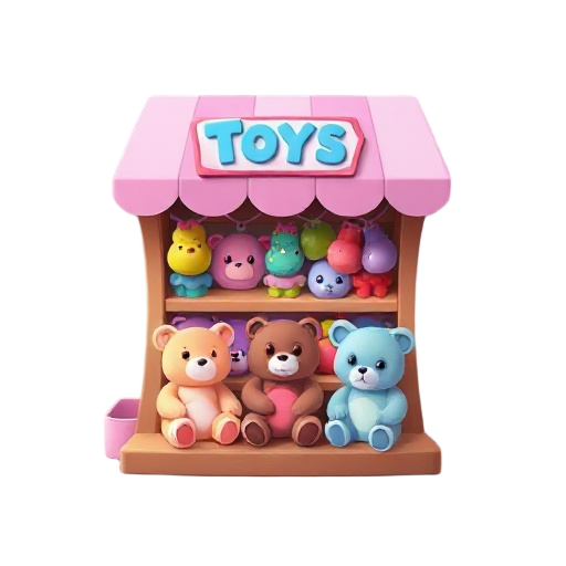 toy stuffed bear shop stall, pastel, colorful, sign saying toys, bears look creepy