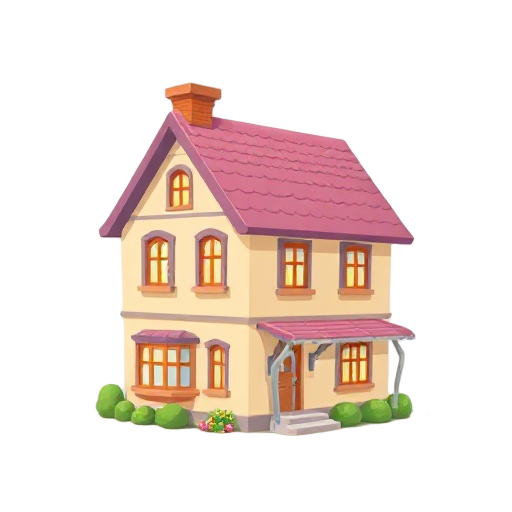 homely, cosy house, grandma's house, pastel, colorful, perfect, chimney, large, side facing