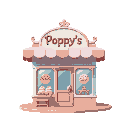 colourful, pastel, bakery, sign that says 'poppy's' on front, overhanging canopy
