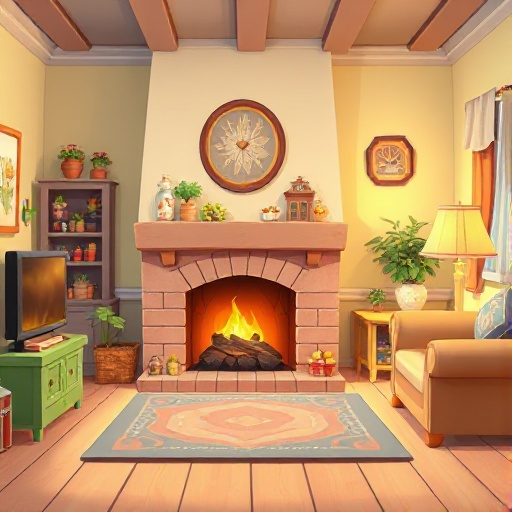 homely interior, cosy house interior, grandma's house interior, pastel interior, colorful interior, perfect, fireplace, large, interior