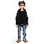 a person wearing a black jacket with jeans, short hair, and sandals