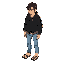 a person wearing a black jacket with jeans, short hair, and sandals