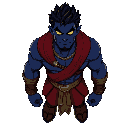 strong warrior with dark blue skin and purple tribal markings on his body, thick, spiky black hair, red robes, leather bracelets, bright yellow eyes