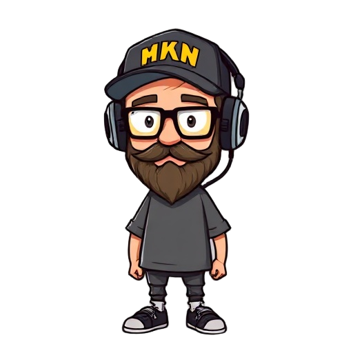 man black cap yellow letters glasses beard gray shirt headphones retro game style