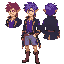 male character, red right eye and blue left eye, purple gradient hair, elf ears, purple blouse, gray shorts with purple details on the seam lines, dark gray coat with yellow detail