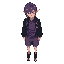 male character, red right eye and blue left eye, purple gradient hair, elf ears, purple blouse, gray shorts with purple details on the seam lines, dark gray coat with yellow detail
