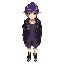 male character, red right eye (#ff0000) and blue left eye (#00ffff); purple gradient hair, elf ears, purple blouse, gray shorts with purple details on the seam lines, dark gray coat with yellow detail