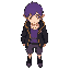 male character, red right eye (#ff0000) and blue left eye (#00ffff); purple gradient hair, elf ears, purple blouse, gray shorts with purple details on the seam lines, dark gray coat with yellow detail