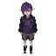 male character, red right eye and blue left eye, purple gradient hair, elf ears, purple blouse, gray shorts with purple details on the seam lines, dark gray coat with yellow detail