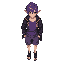 male character, red right eye and blue left eye, purple gradient hair, elf ears, purple blouse, gray shorts with purple details on the seam lines, dark gray coat with yellow detail