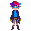 male character, red right eye and blue left eye, purple gradient hair, elf ears, purple blouse, gray shorts with purple details on the seam lines, dark gray coat with yellow detail